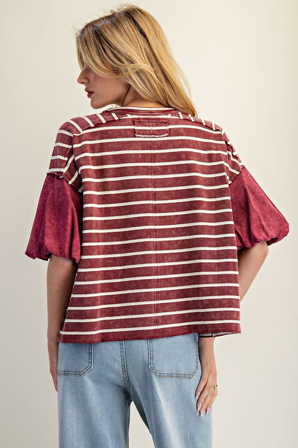 Wine Textured Stripe Puff Sleeve Top