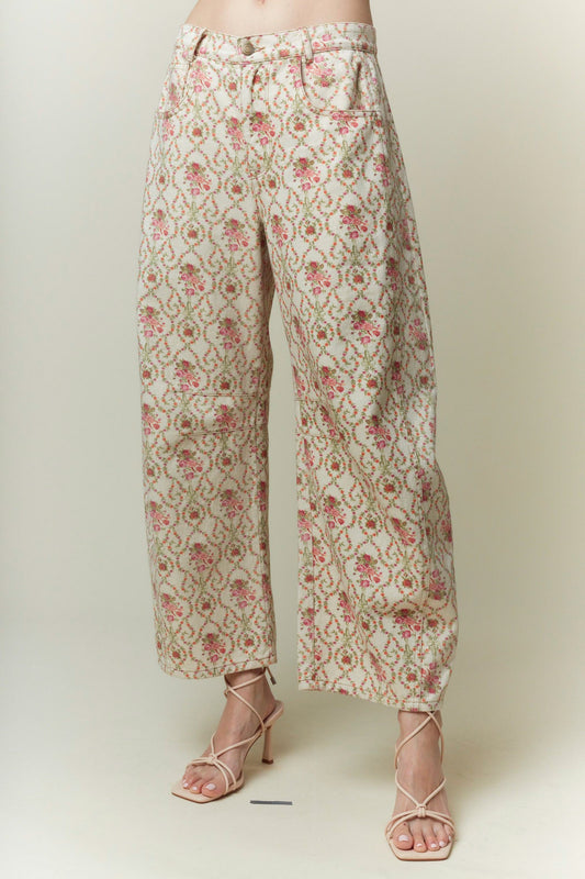 Jacquard Floral Printed Barrel Jeans with light floral and geometric pattern. Available in sizes XS–XL.