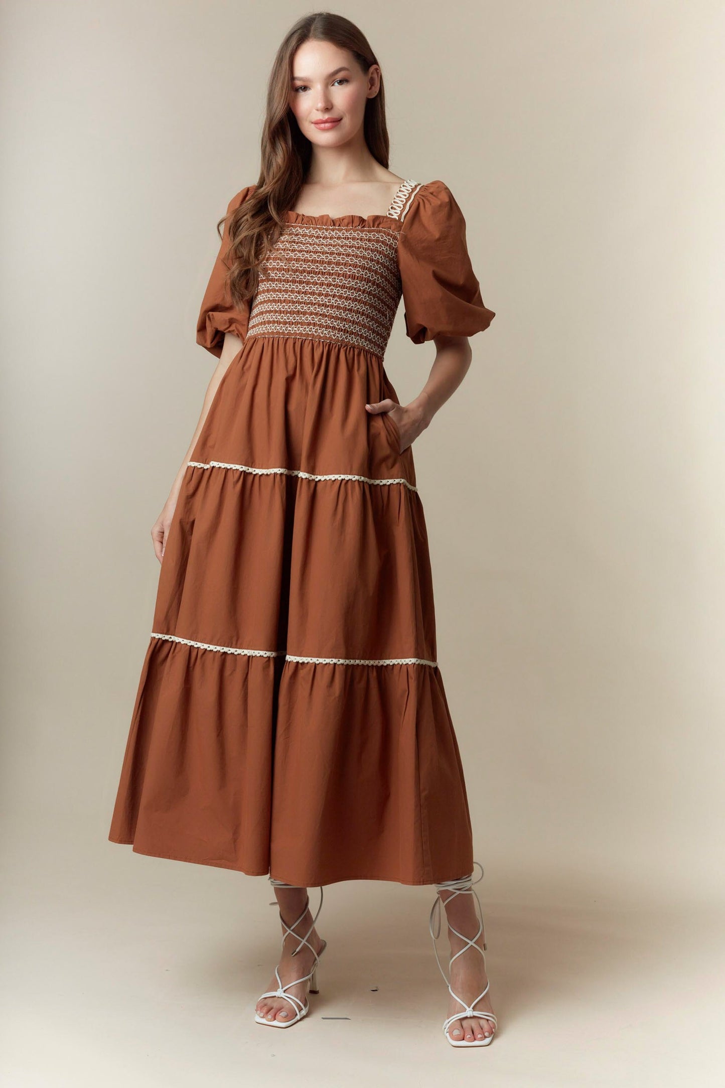 Pumpkin Patch Smocked Bubble Sleeve Maxi Dress with puff sleeves, smocked bodice. Available in XS–XL.