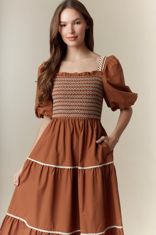 Pumpkin Patch Smocked Bubble Sleeve Maxi Dress with puffed sleeves, white lace trim, smocked bodice. Sizes XS–XL.