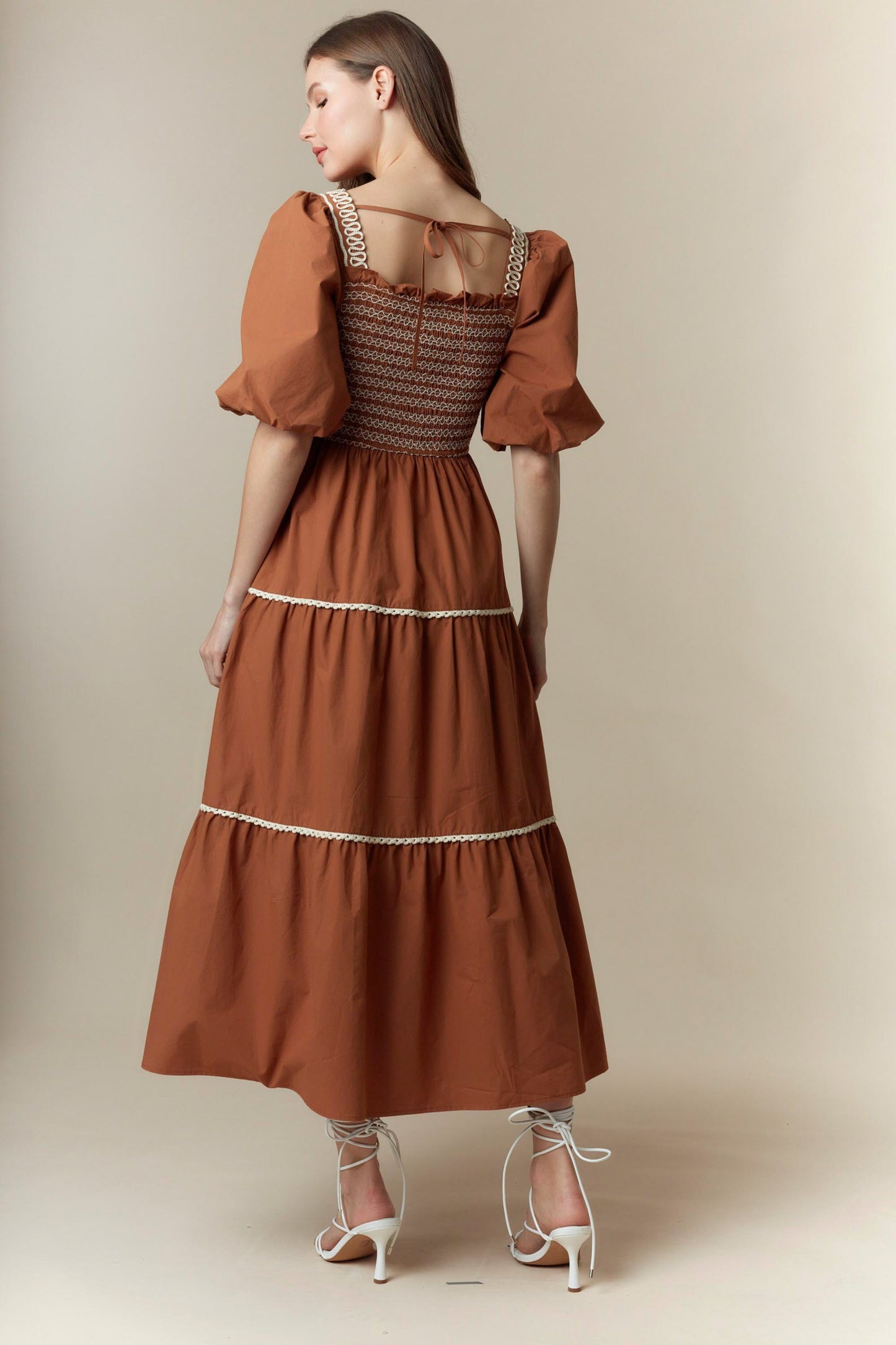 Pumpkin Patch Smocked Bubble Sleeve Maxi Dress with lace trim. Available in sizes XS-XL.