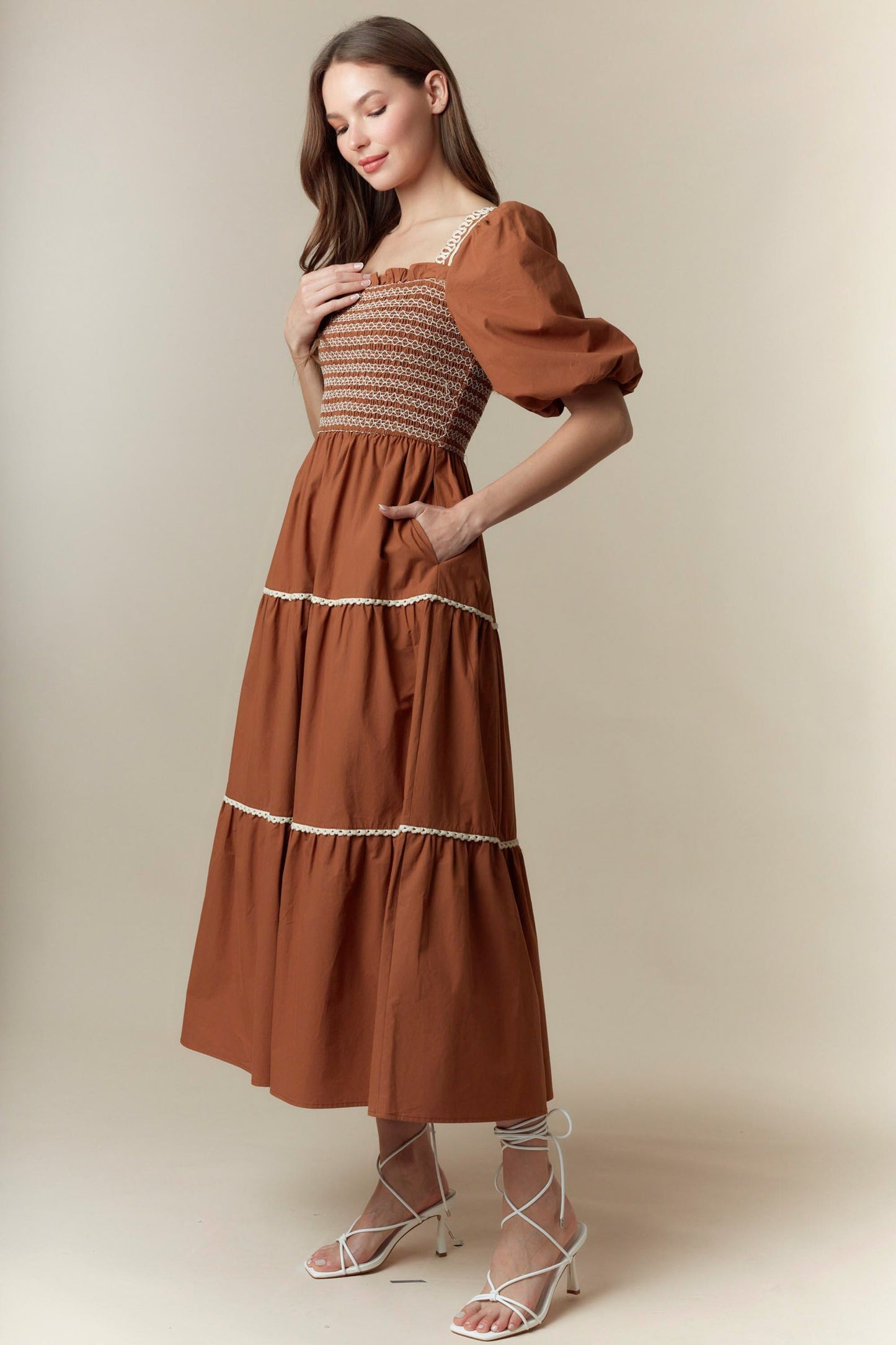 Pumpkin Patch Smocked Bubble Sleeve Maxi Dress with tiered puff sleeves, white lace details; available in sizes XS–XL.