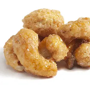 Salted Caramel Cashews, 3oz, kettle roasted and caramelized with a glossy glaze.