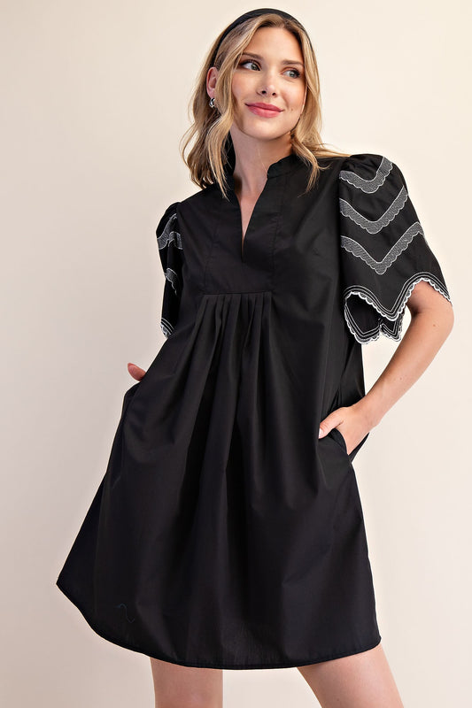 Heidi Balloon Sleeve Dress: black, loose fit, embroidered, short puffed sleeves. Available in sizes XS-XL.