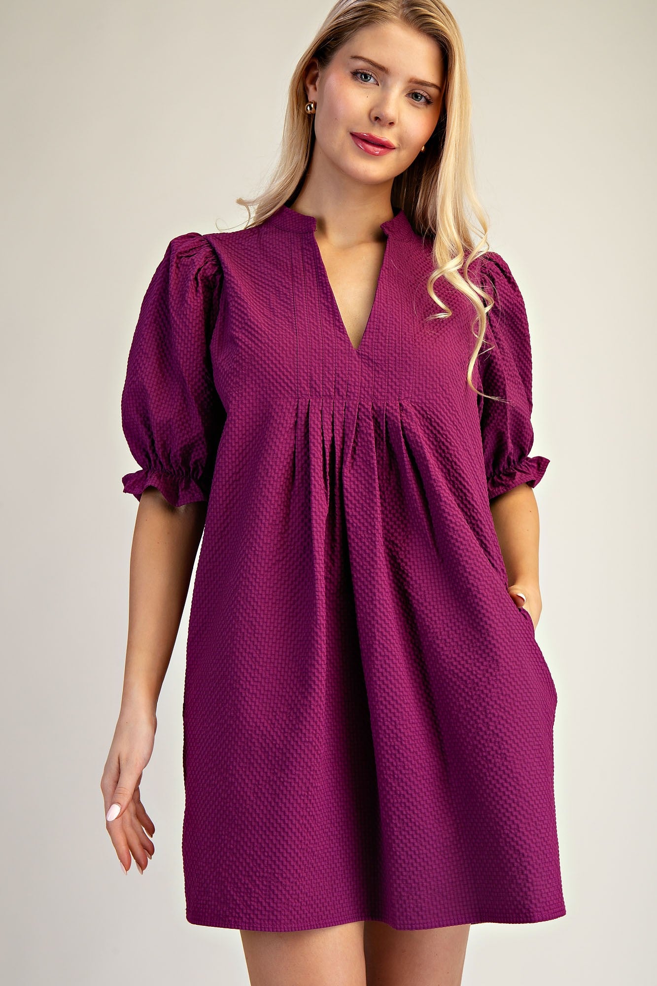 Lyla Puff Sleeve Dress with textured fabric, short v-neck, puff sleeves, subtle ruffle collar. Available in sizes XS-XL.