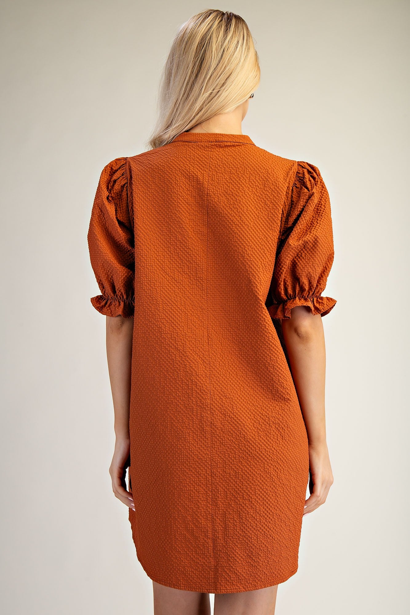 Lyla Puff Sleeve Dress: textured rust-orange, short sleeves with elastic cuffs, above-knee length. Sizes XS-XL.