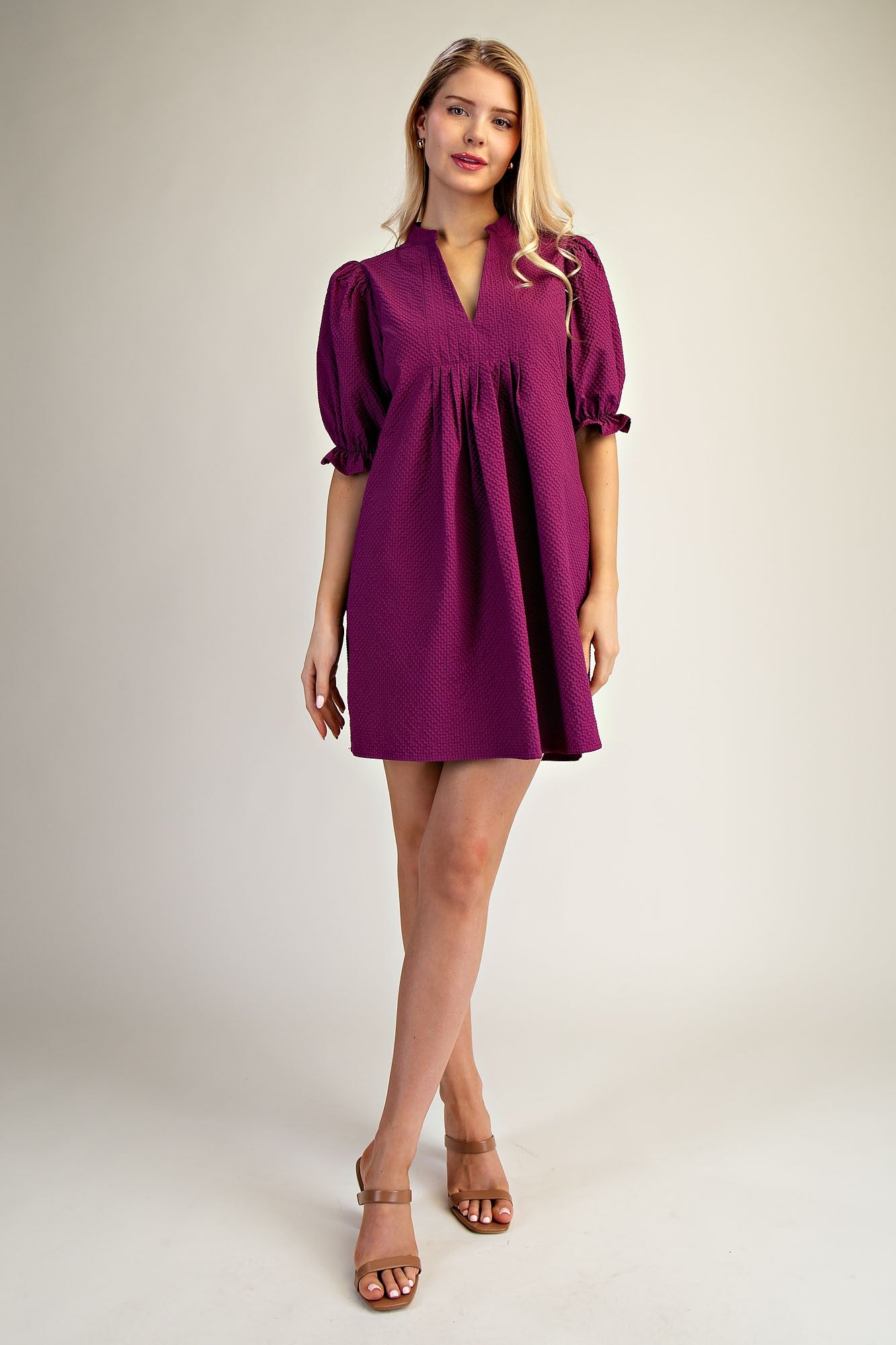 Lyla Puff Sleeve Dress with short sleeves, knee length. Available in sizes XS-XL.
