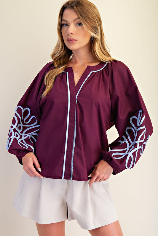 Veronica Soutache Detail Blouse with balloon sleeves, light blue embroidery. Available in sizes XS-XL.