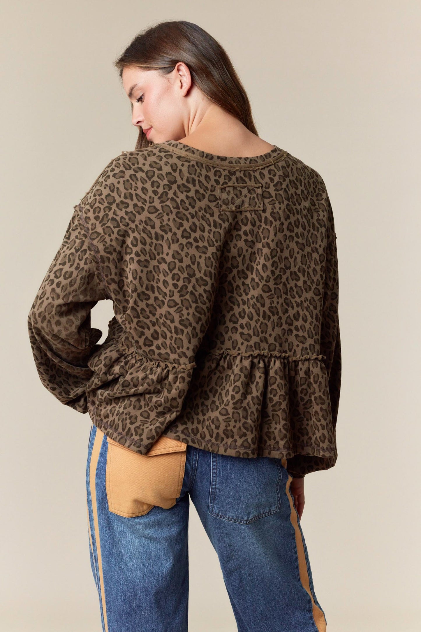 Leopard Print Terry Ruffle Hem Sweatshirt