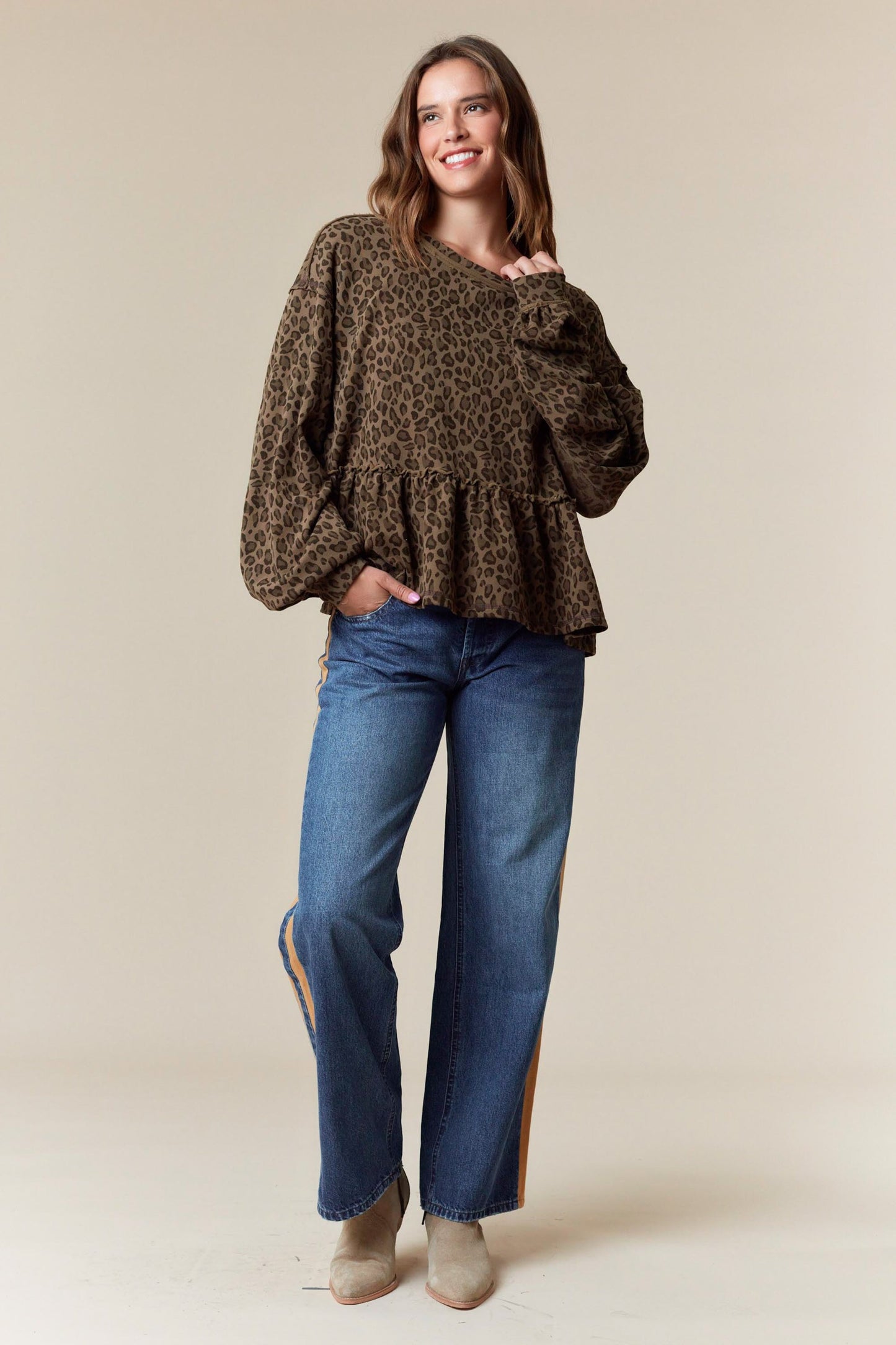 Leopard Print Terry Ruffle Hem Sweatshirt