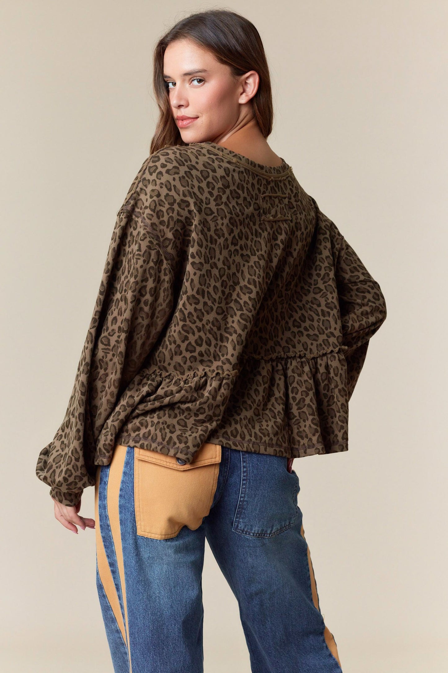 Leopard Print Terry Ruffle Hem Sweatshirt