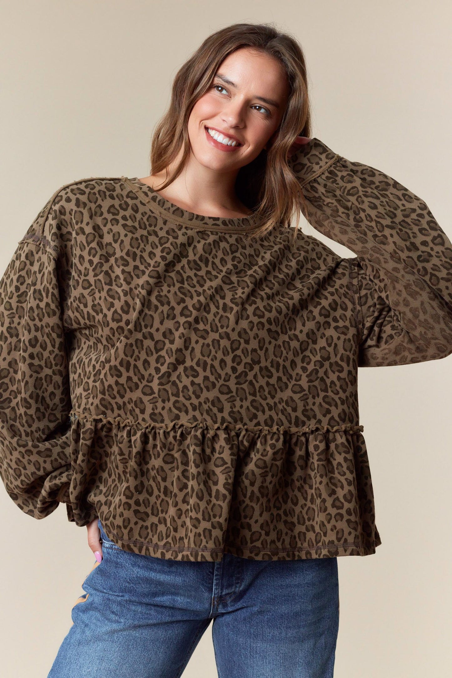Leopard Print Terry Ruffle Hem Sweatshirt