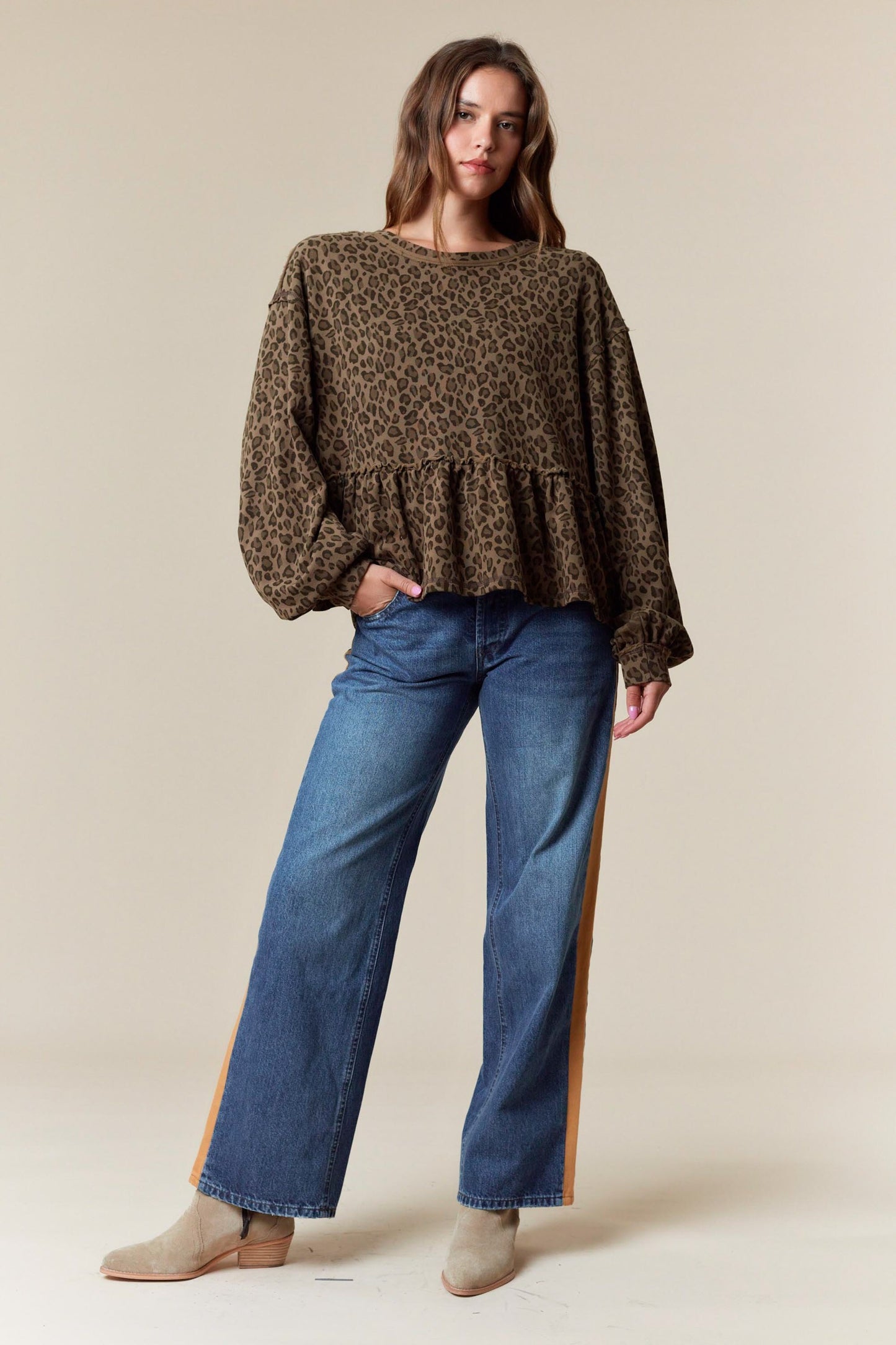Leopard Print Terry Ruffle Hem Sweatshirt