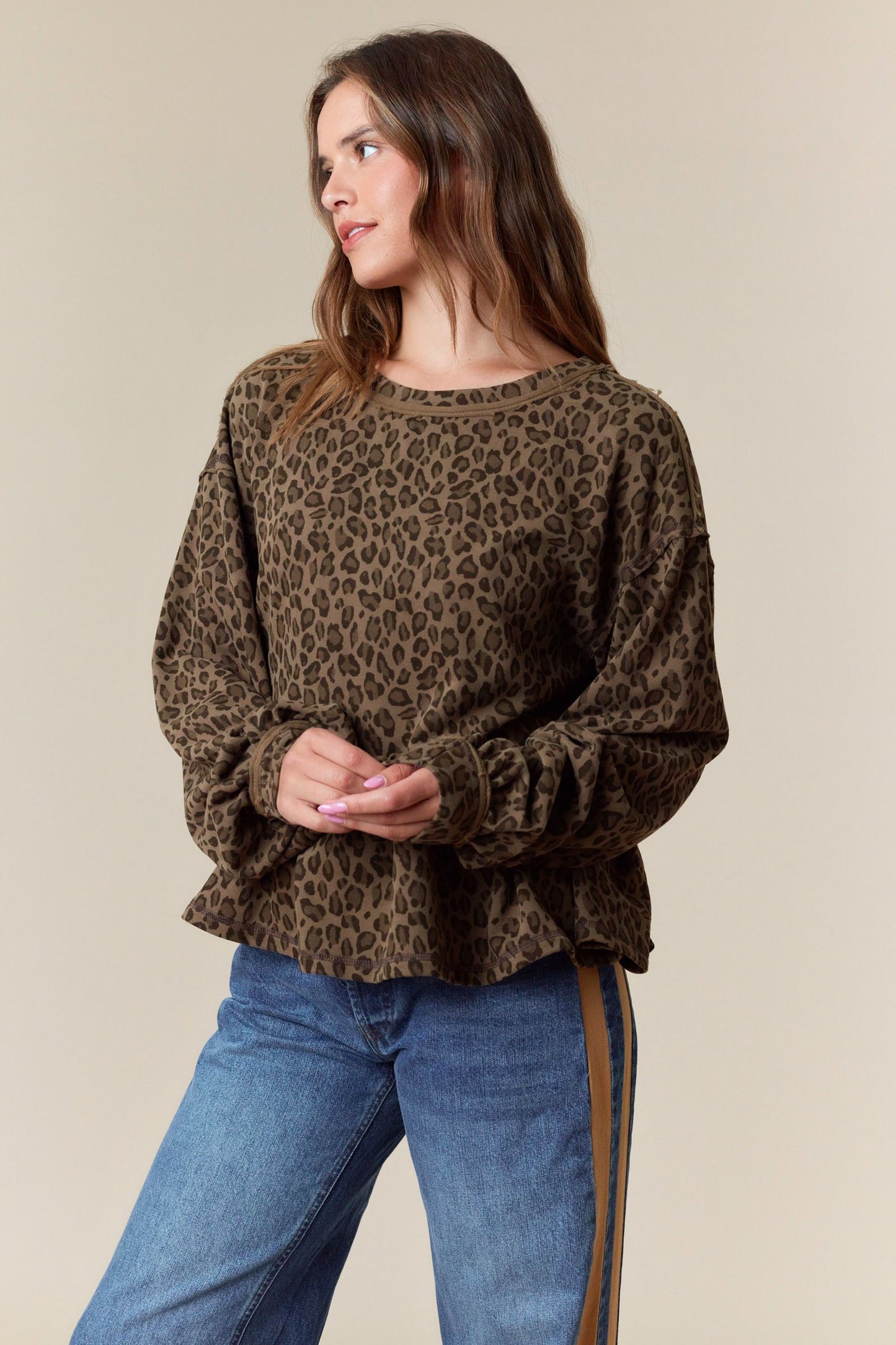 Leopard Print Terry Ruffle Hem Sweatshirt