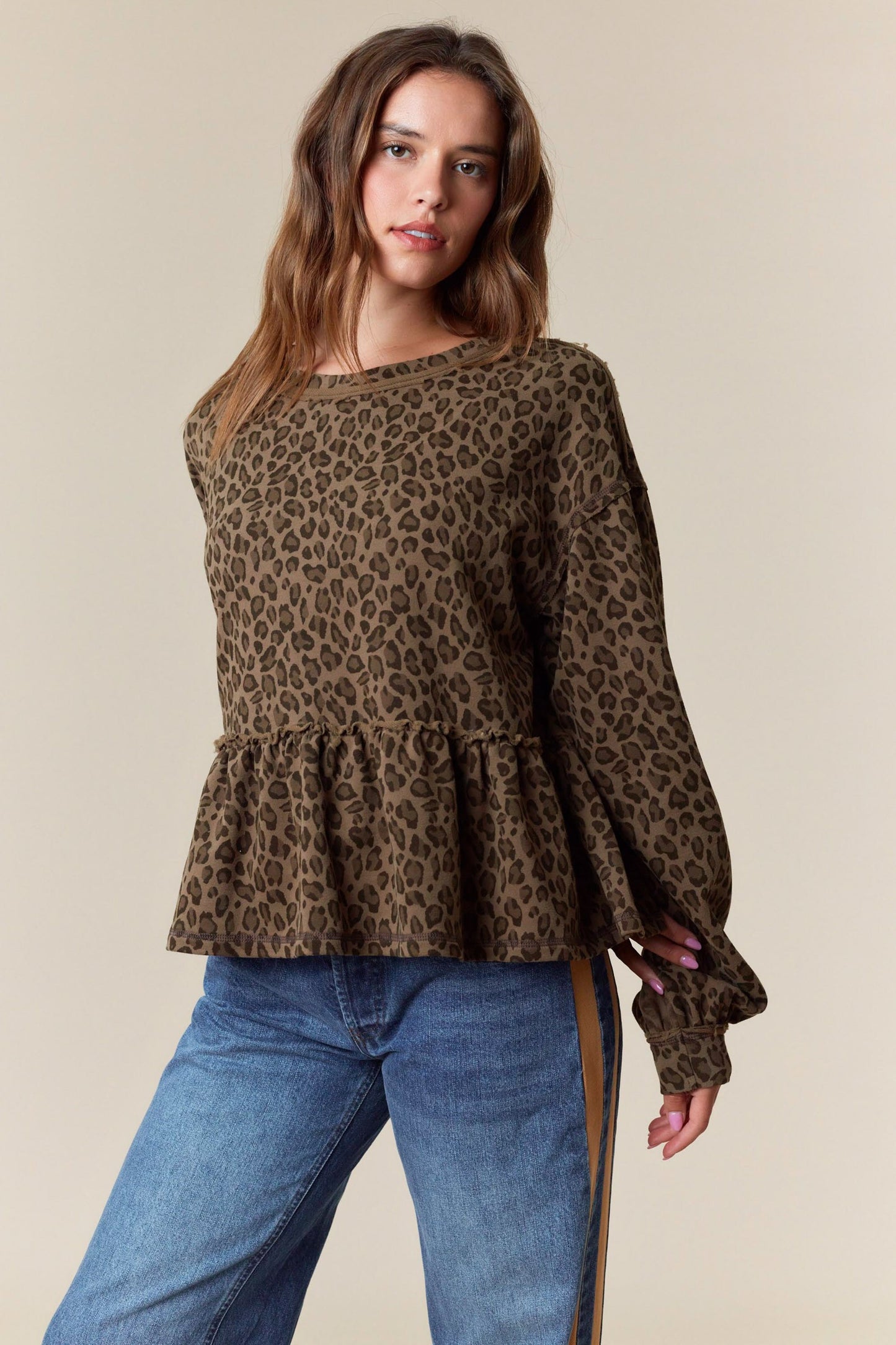 Leopard Print Terry Ruffle Hem Sweatshirt
