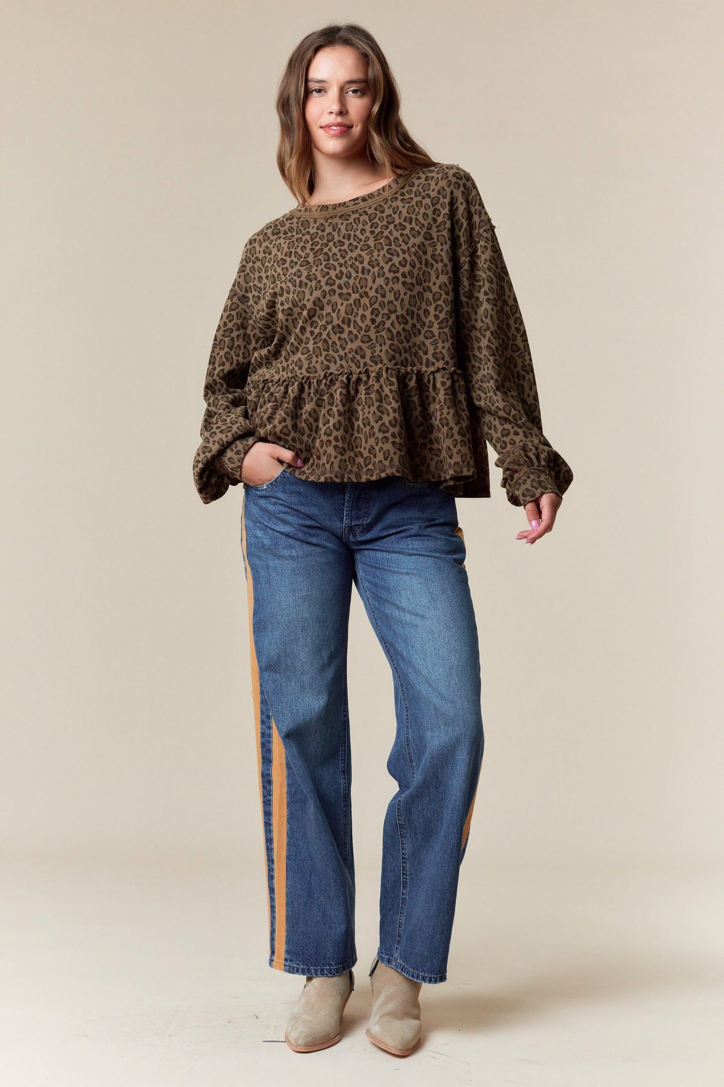 Leopard Print Terry Ruffle Hem Sweatshirt