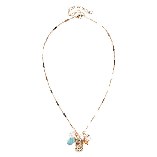 Gold Leah Necklace: delicate layered chain with black beads, 4 pendants. Adjustable length. Available in S, M, L sizes.