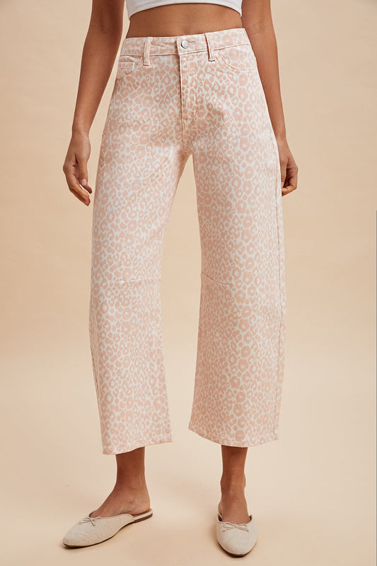 Pink Leopard HW Barrel Crop Jeans, high-waisted, barrel fit, cropped length. Available in sizes 24-32.