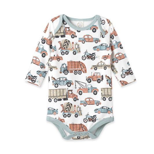 Set of 2 long-sleeve baby bodysuits with truck and car prints in muted blue, brown, tan on white. Sizes: NB-24M.