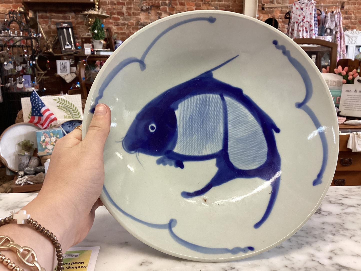 Vintage Stoneware Bowl with Fish Painting
