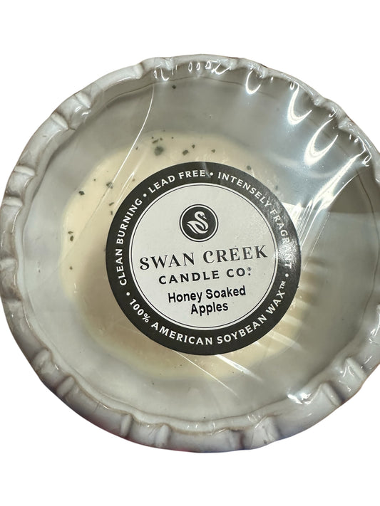 White soy wax candle in a large fluted pot, labeled "Honey Soaked Apples," 55-hour burn time. Size: Large.