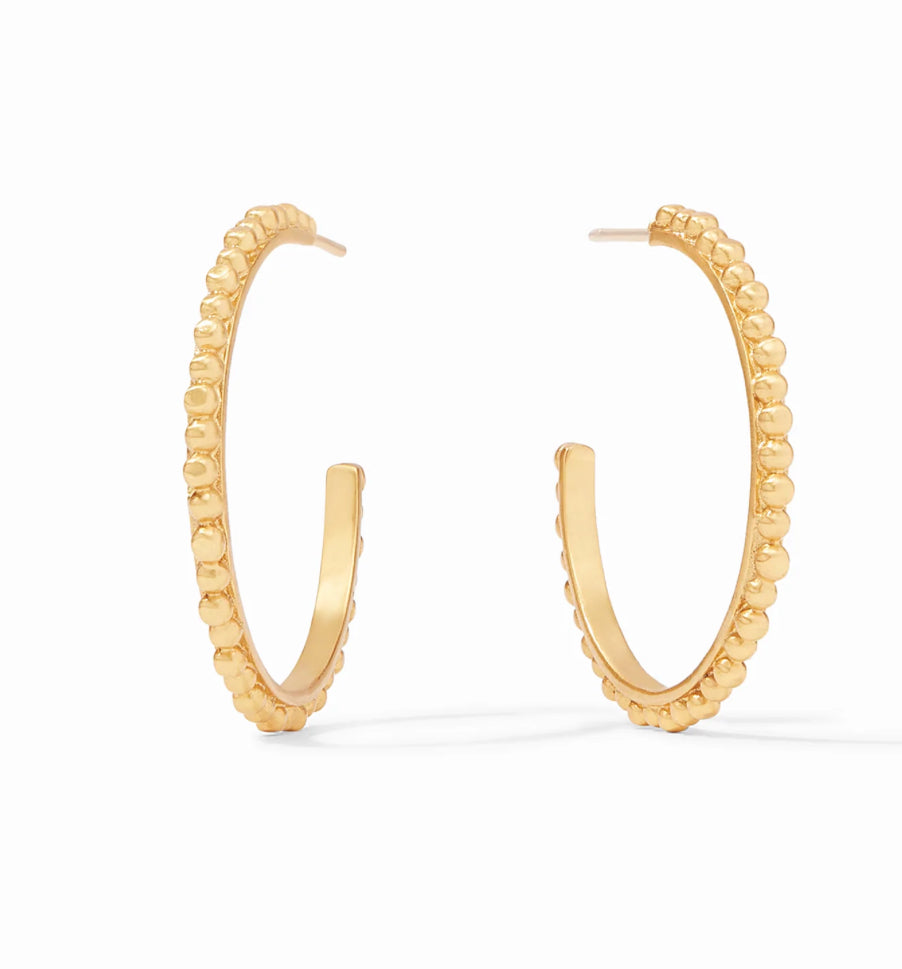 Medium-sized gold hoops with textured bead details along the edge. Also available in other sizes.