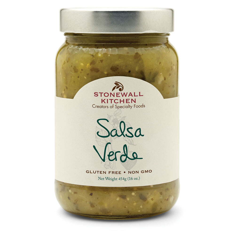 Stonewall Kitchen Salsa Verde in 454g (16 oz.) glass jar with silver lid, "Gluten Free," "Non GMO" on label, green salsa visible.
