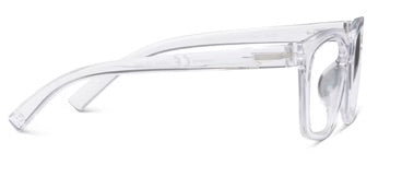 Clear Peepers To The Max blue light glasses with rectangular frames and curved arms. Available in small, medium, and large sizes.