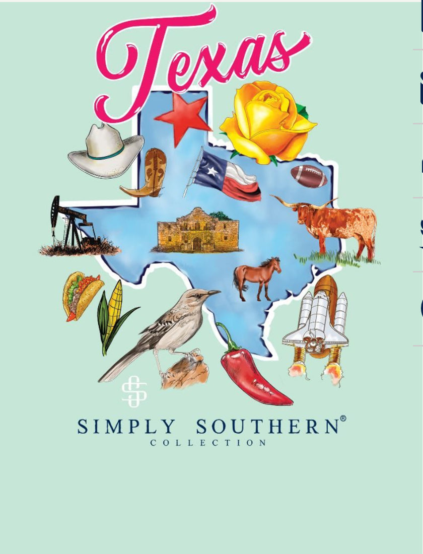 Graphic with the word "State TX Navy" at the top, featuring a state outline filled with symbols like a cowboy hat, a star, a yellow rose, an oil rig, and cattle. Below are