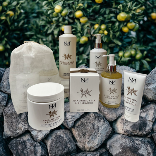 Mandarin, Teak & Rosewood Travel Hand Cream—moisturizes skin. Available in 30ml and 50ml sizes.