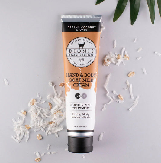 Goat Milk Hand Cream - "Creamy Coconut & Oats." Enriched with oats and coconut flakes for nourishing skin. Available sizes: 2 oz, 4 oz, 8 oz.