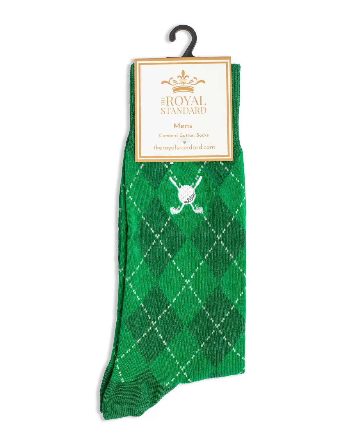Green argyle men’s socks with white golf club and ball, labeled "The Royal Standard." Sizes: M, L. Cotton blend.