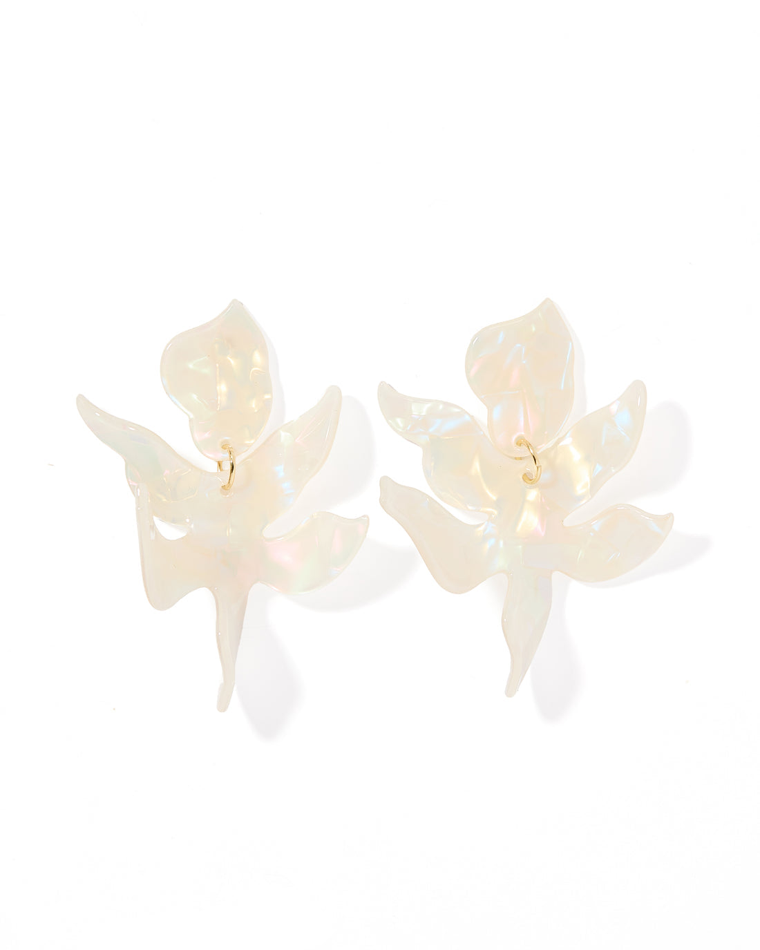 Floral statement earrings with iridescent mother-of-pearl finish, abstract flower shapes. Available in small and large sizes.