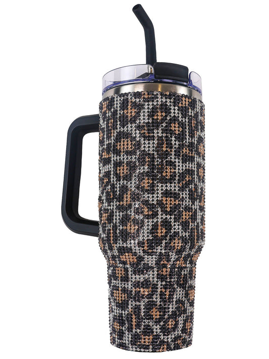 40 ounce Tumblr with leopard sequin design, stainless steel, straw and plastic lid
