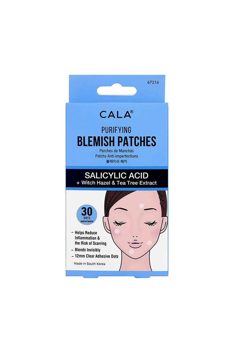 Blue and white box of Purifying Blemish Patches, 30 count, with salicylic acid, witch hazel, tea tree; Made in Korea.
