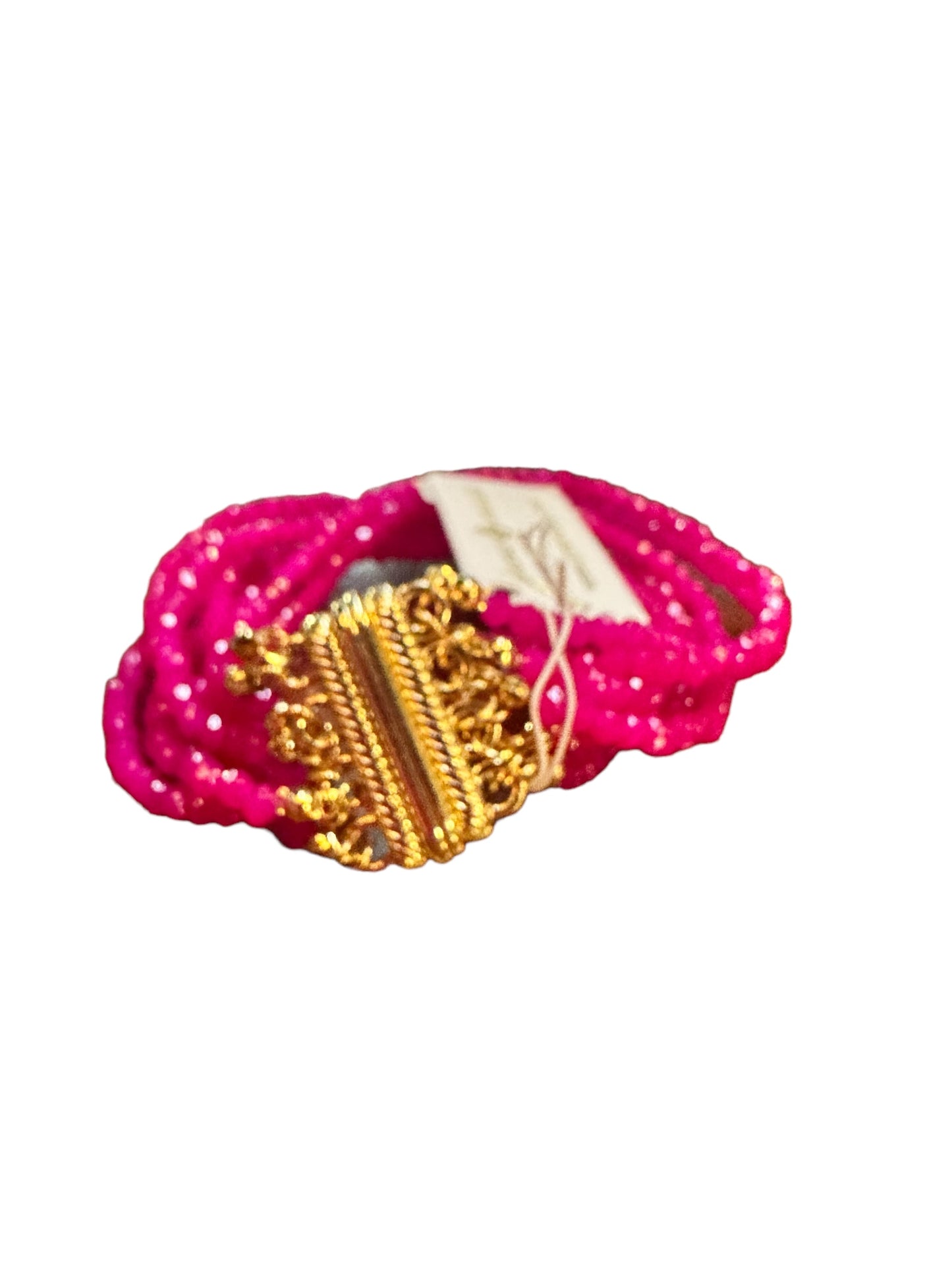 Bright pink 8-strand mini faceted beaded bracelets with gold magnetic closure. Sizes available: S, M, L.