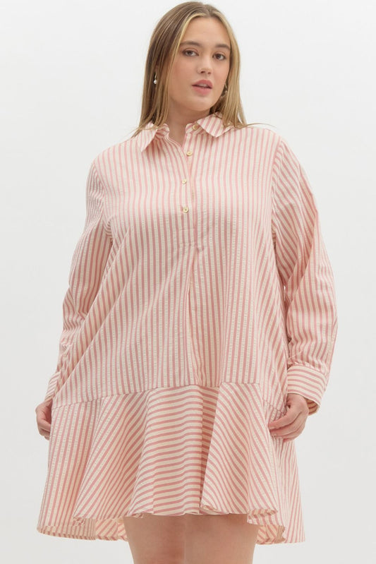Striped Collared Tiered Dress: pink and white stripes, long sleeves, collar, gold buttons, ruffled hem. Sizes XS-XL.