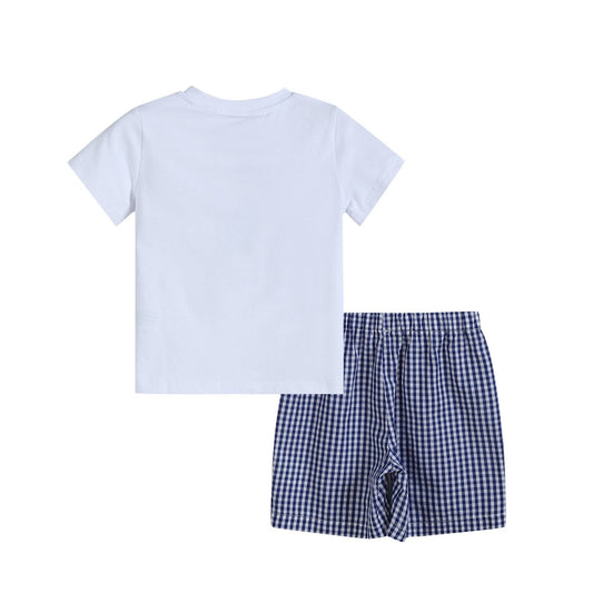 Royal Blue Gingham American Flag Shirt and Shorts Set for boys. Available in sizes 2T-7. Perfect for July 4th.