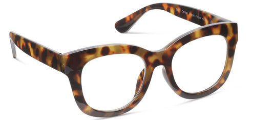 Peepers Progressives - Center Stage Tortoise eyeglasses have thick, rounded brown and yellow tortoiseshell-patterned frames and block blue light to reduce eye strain. Available in multiple sizes.