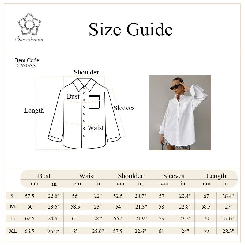 Size guide for White Lapel Collar Button Down Fit Daily Shirt with labeled diagram and size chart (S–XL) in cm/inches.