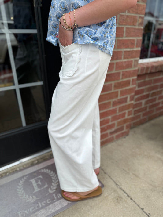 Scalloped Pocket Off White Pants with scalloped details, available in sizes XS-XL.