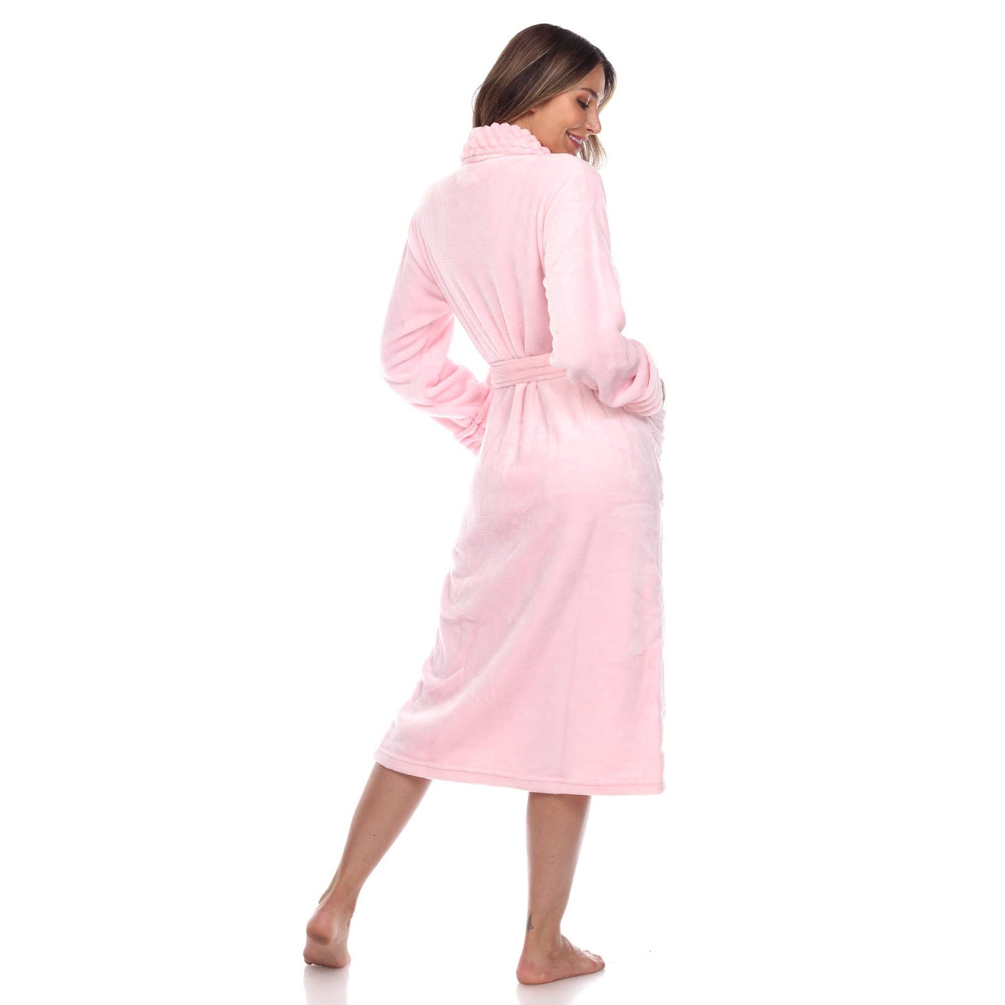 Super Soft Lounge Robe in 02-PINK, tied at waist. Available in L/XL. Cozy material, features pockets.