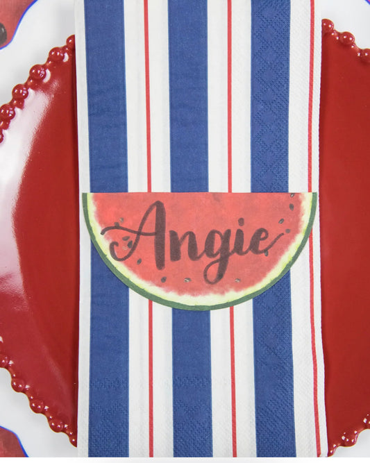 Navy & Red Awning Stripe Napkin on red plate; available in 18"x18" size.
