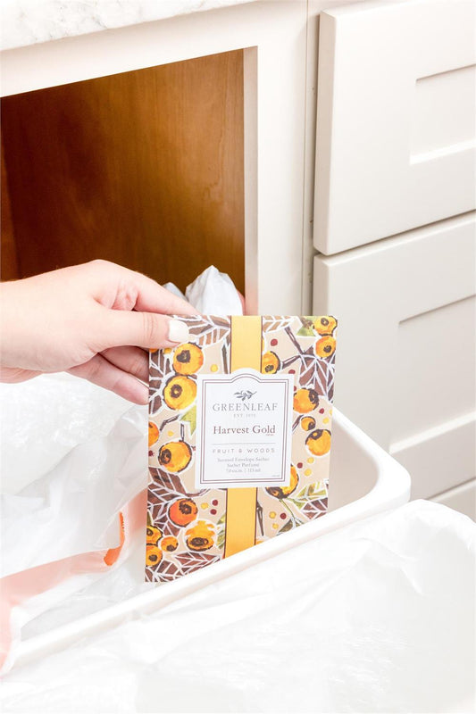 Harvest Gold Sachet, fruit & woods design, shown in large size. Available in multiple sizes. Provides long-lasting fragrance.