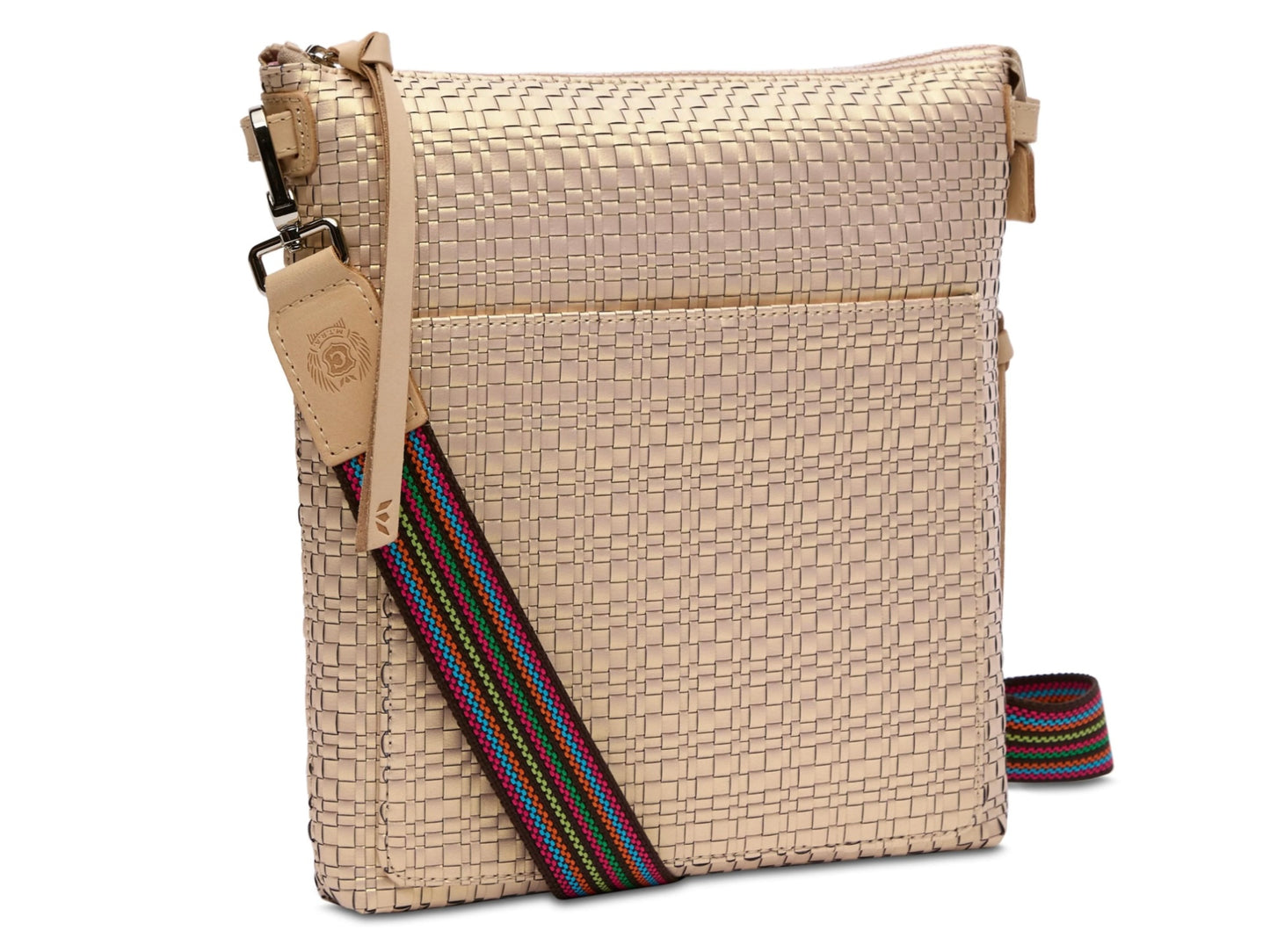 Beige woven Tour Crossbody Pearl with striped adjustable strap, leather tag, zip top, front slip pocket. Sizes: S, M, L.