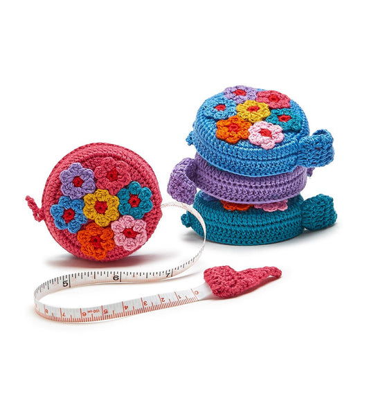 Floribunda Hand-Crocheted Measuring Tape, bright multicolored floral design. Available sizes: 60-inch length.