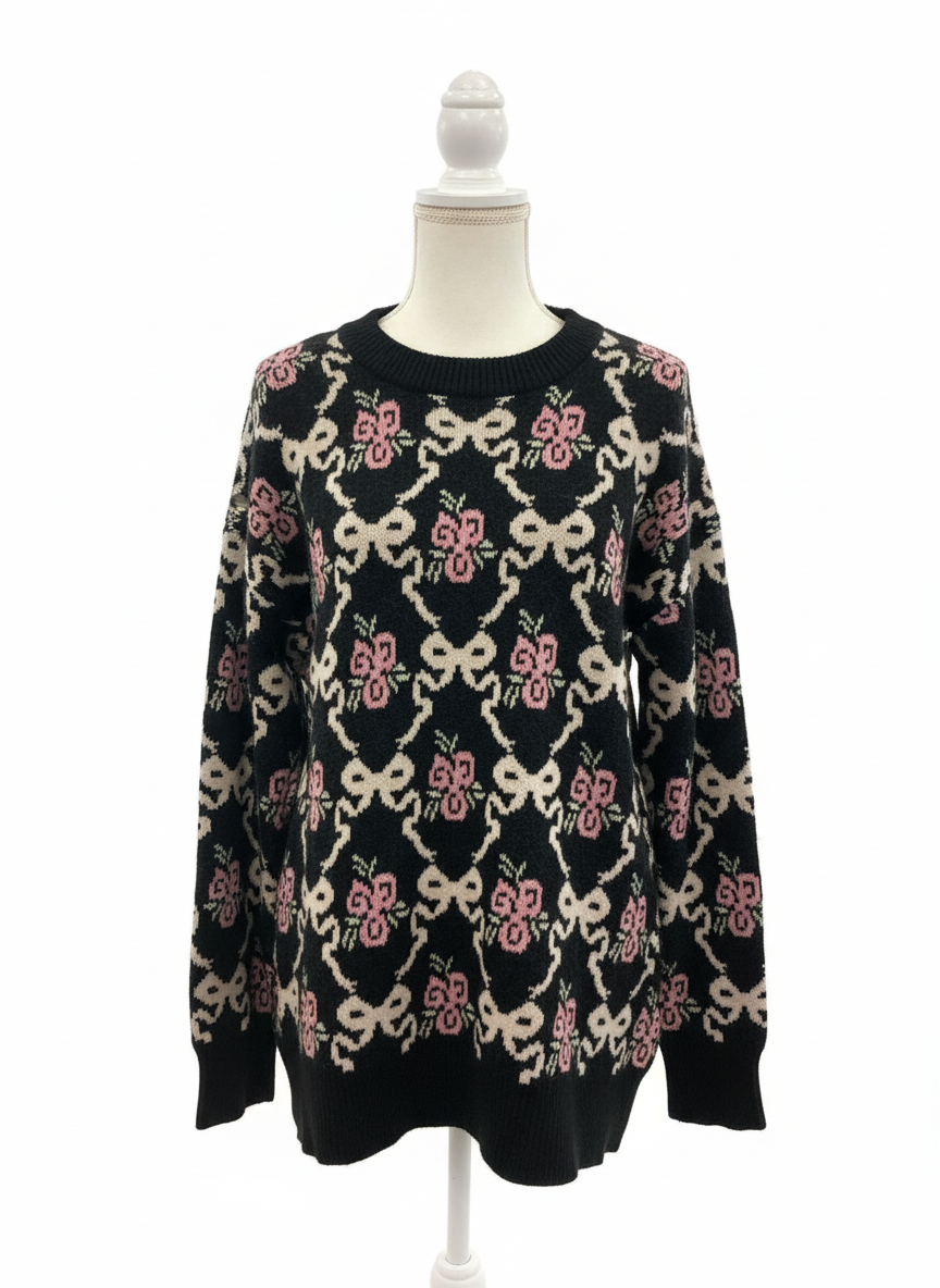 Black Knit Floral Sweater