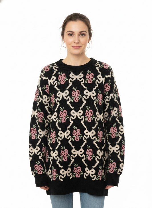 Black Knit Floral Sweater