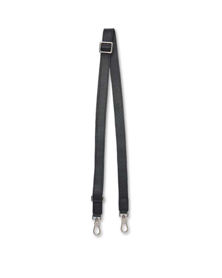 The Evie Crossbody Strap 25mm is a black adjustable strap with silver buckle and swivel hooks, available in 25mm width.