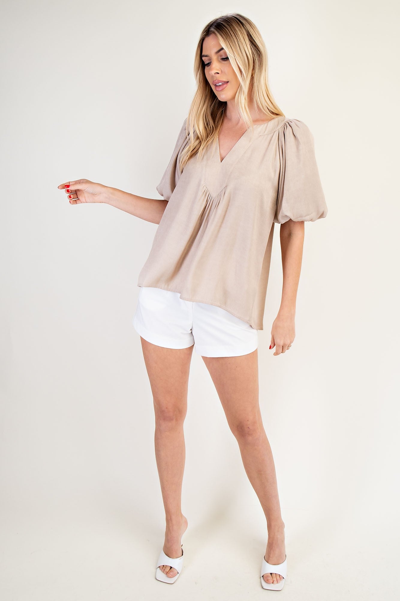 Cathleen V-Neck Balloon Sleeve Top in beige with voluminous sleeves; available in sizes XS–XL.